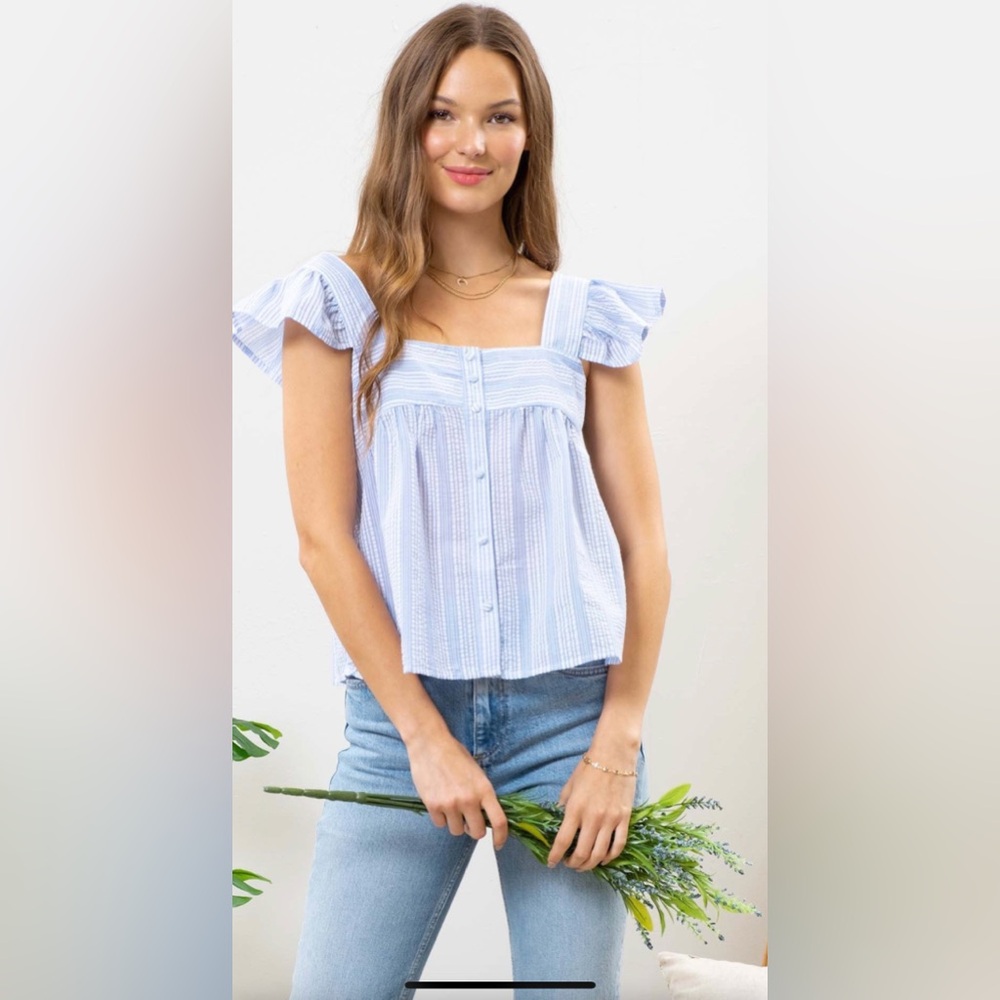 NWT Anthropologie by Perch Blue Striped Ruffle Sleeve Top size 1X 🌹🌺🌸 BG 06